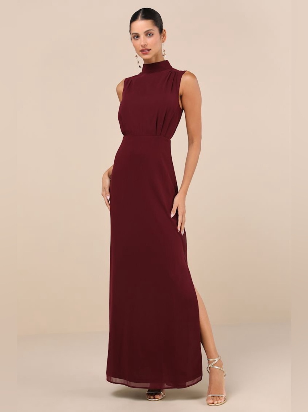 Lulu's Burgundy High-Neck Maxi Dress